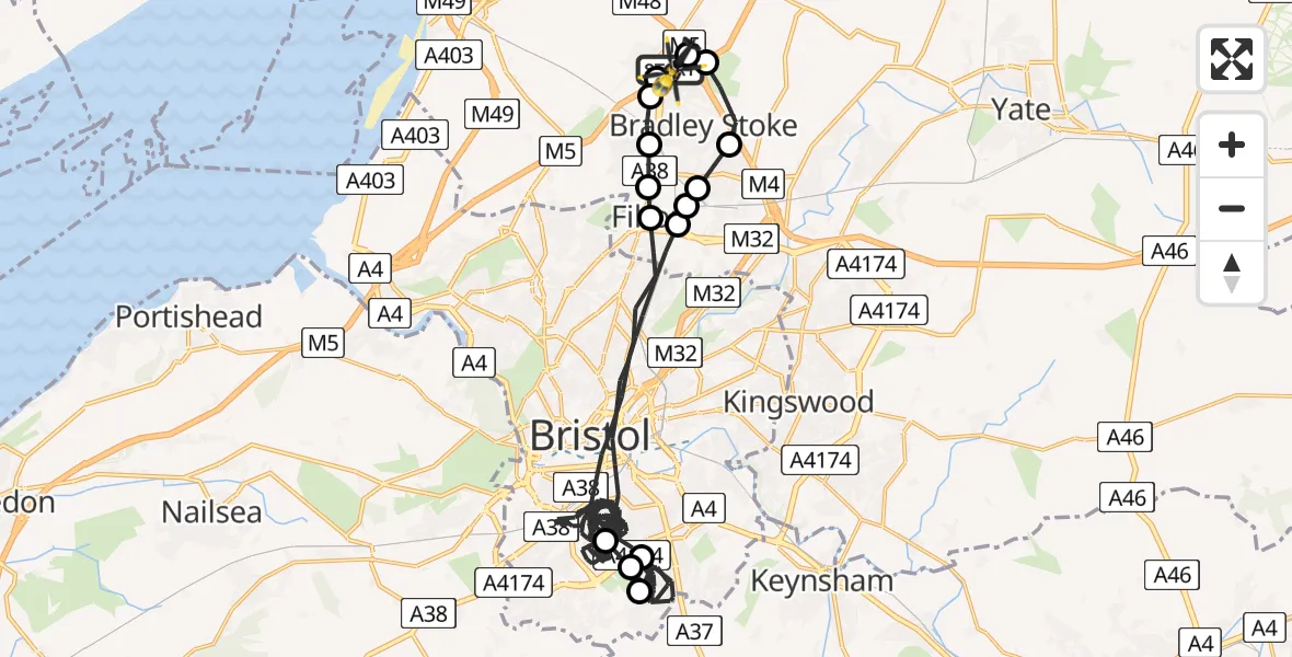 Routekaart van de vlucht: Police Helicopter to Almondsbury Helicopter Base, Almondsbury Helicopter Base