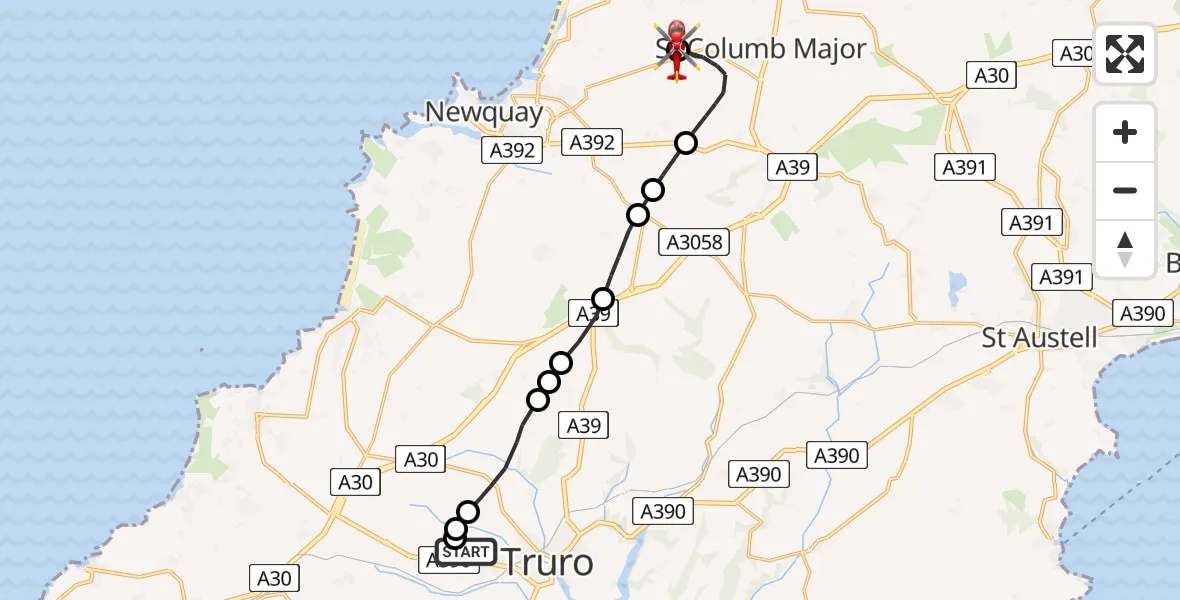 Routekaart van de vlucht: Air Ambulance Helicopter to Cornwall Airport Newquay, Cornwall Airport Newquay