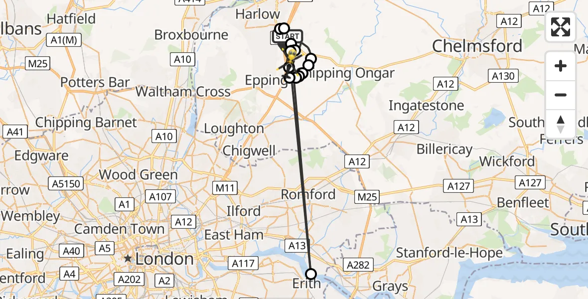 Flight route map: Police Helicopter to North Weald Airfield, North Weald Airfield