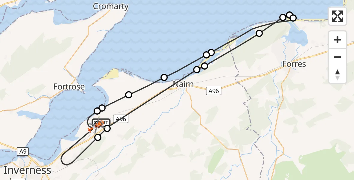Flight path map showing Coastguard Helicopter route from Inverness Airport to Inverness