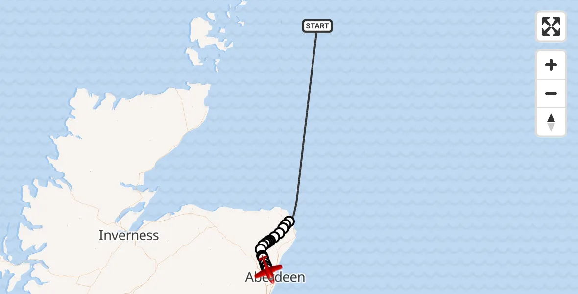 Flight path map showing Air Ambulance Aircraft route from North Sea to Aberdeen International Airport