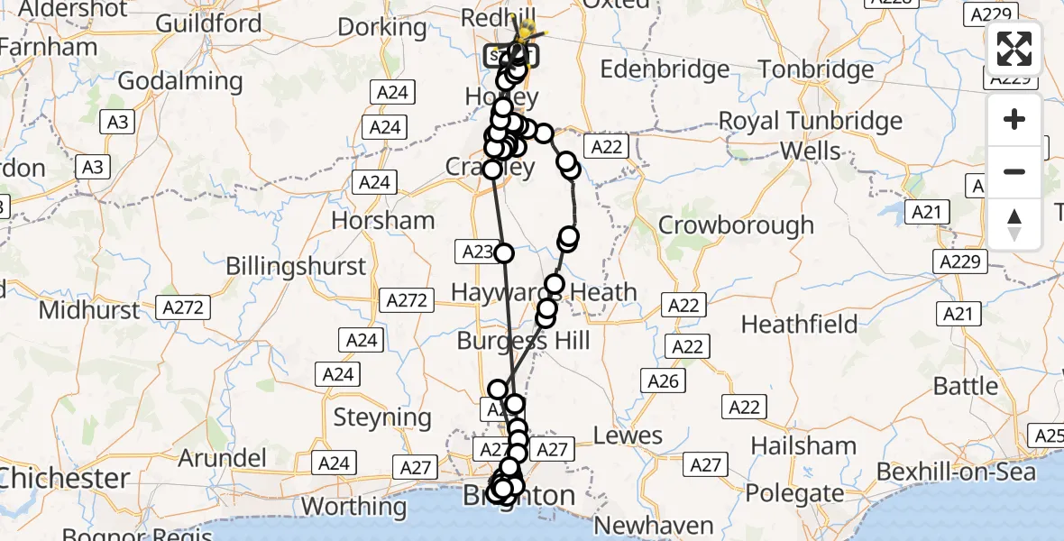 Flight path map showing Police Helicopter route from Redhill Aerodrome to Redhill Aerodrome