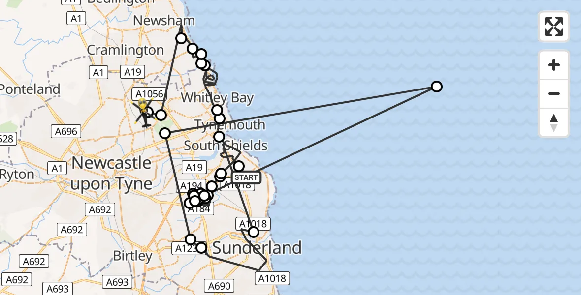 Routekaart van de vlucht: Police Helicopter to Killingworth Village, Clousden Grange