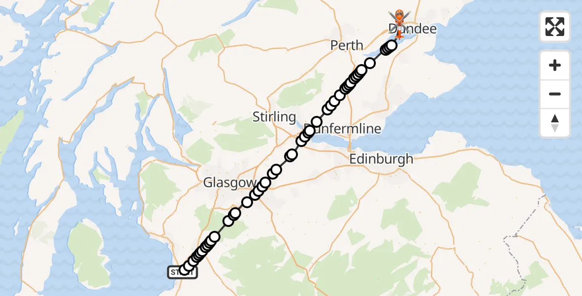 Flight route map: Coastguard Helicopter to Dykes of Gray, Denhead of Gray Road