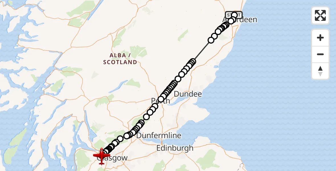 Flight path map showing Air Ambulance Aircraft route from Aberdeen International Airport to Glasgow Airport