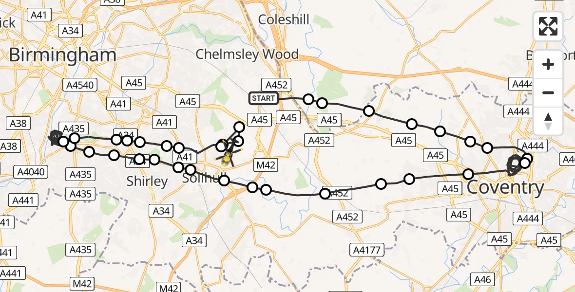 Flight route map: Police Helicopter to Hampton in Arden, Damson Parkway