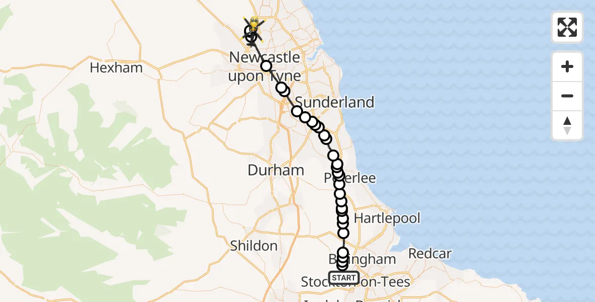 Routekaart van de vlucht: Police Helicopter to Hazlerigg Village, North Park Avenue