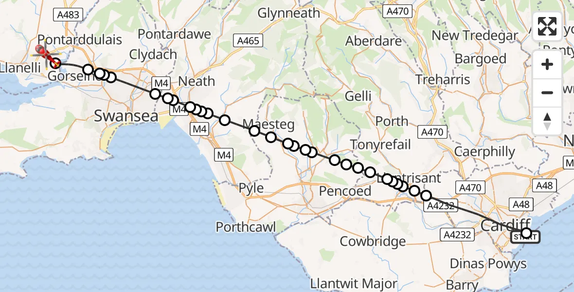 Flight route map: Air Ambulance Helicopter to Llangennech, Llanelli Spinal Route