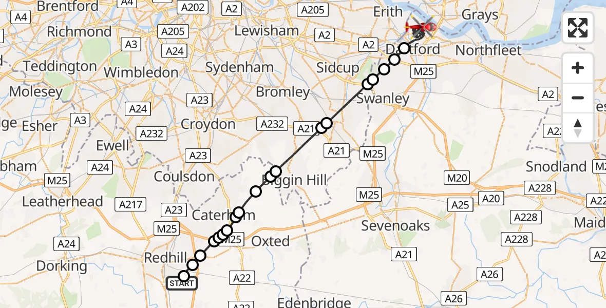 Flight route map: Air Ambulance Helicopter to Dartford, Binnie Road