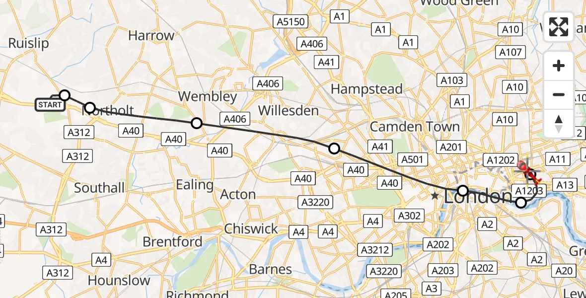 Flight route map: Air Ambulance Helicopter to Royal London Hospital, Royal London Hospital