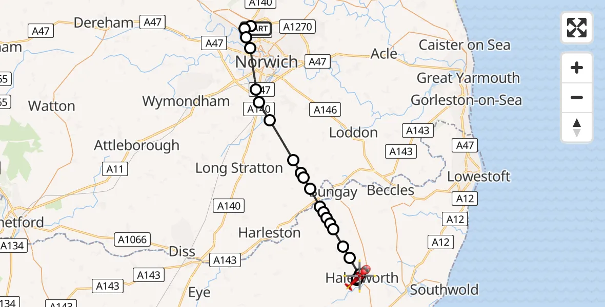 Flight route map: Air Ambulance Helicopter to Halesworth, Chediston Street