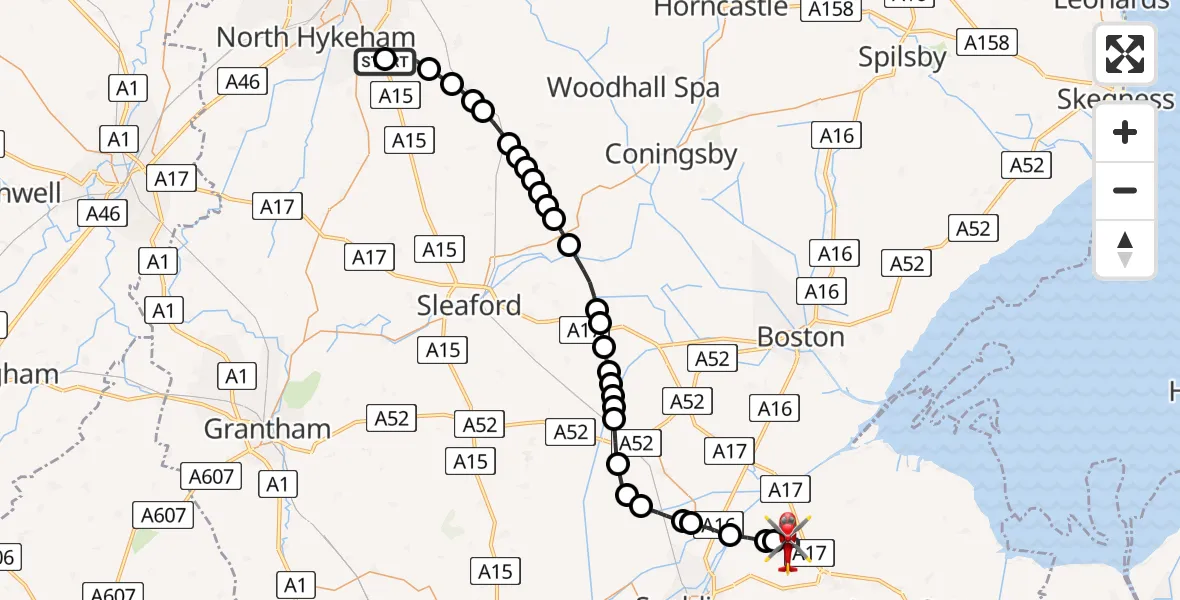 Flight route map: Air Ambulance Helicopter to Moulton Seas End, Common Road