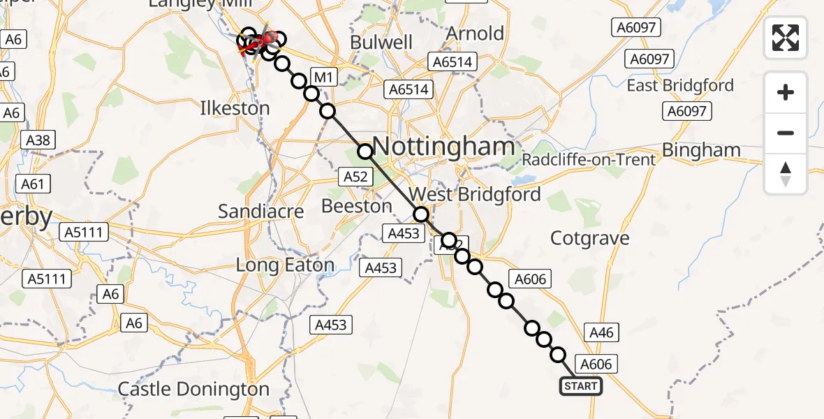 Flight route map: Air Ambulance Helicopter to Awsworth, A610
