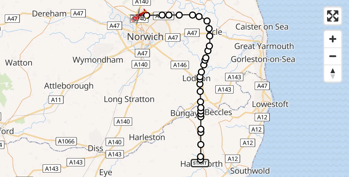 Routekaart van de vlucht: Air Ambulance Helicopter to Norwich Airport, Wash Lane