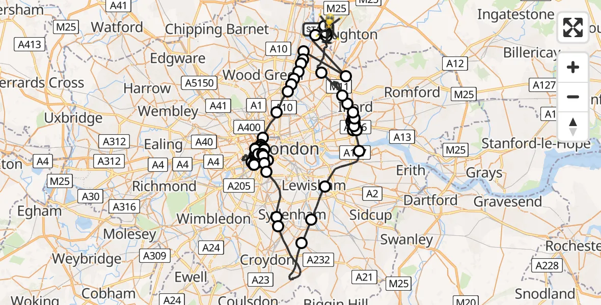 Flight path map showing Police Helicopter route from Sewardstonebury to Sewardstonebury
