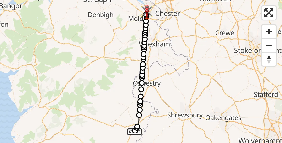 Flight route map: Air Ambulance Helicopter to Ewloe Green, Yowley Road