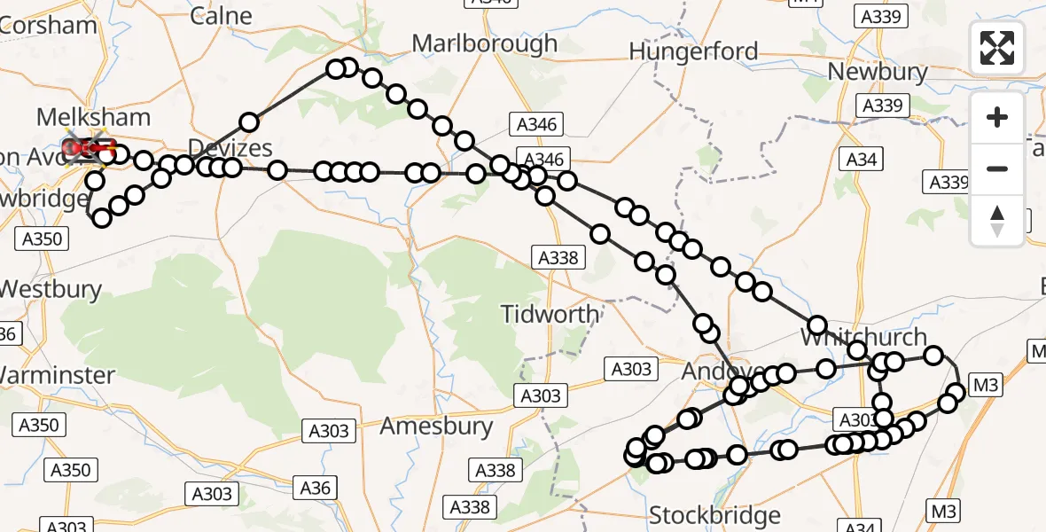 Flight path map showing Air Ambulance Helicopter route from Wiltshire Air Ambulance to Melksham