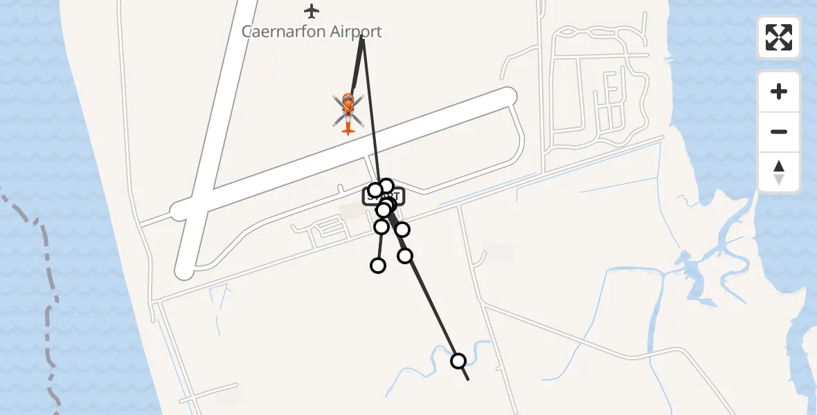 Flight path map showing Coastguard Helicopter route from Caernarfon Airport to Caernarfon Airport