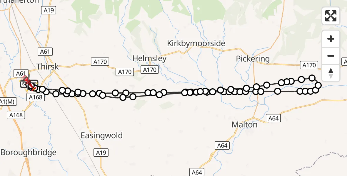 Flight route map: Air Ambulance Helicopter to RAF Topcliffe, RAF Topcliffe