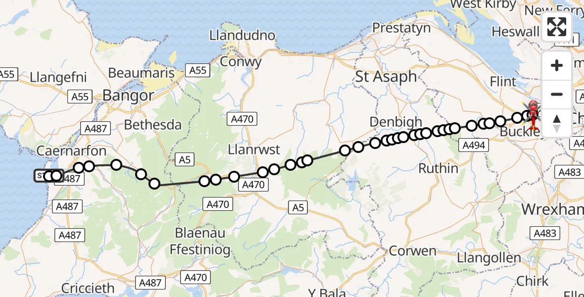 Flight route map: Air Ambulance Helicopter to Ewloe Green, Yowley Road