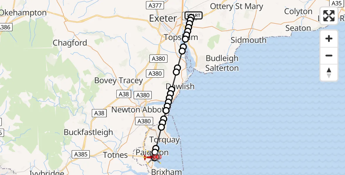 Flight route map: Air Ambulance Helicopter to Paignton, Tanners Road