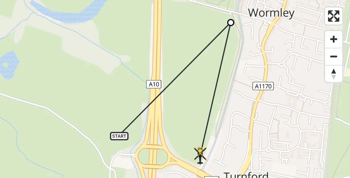 Flight route map: Police Helicopter to Turnford, A10