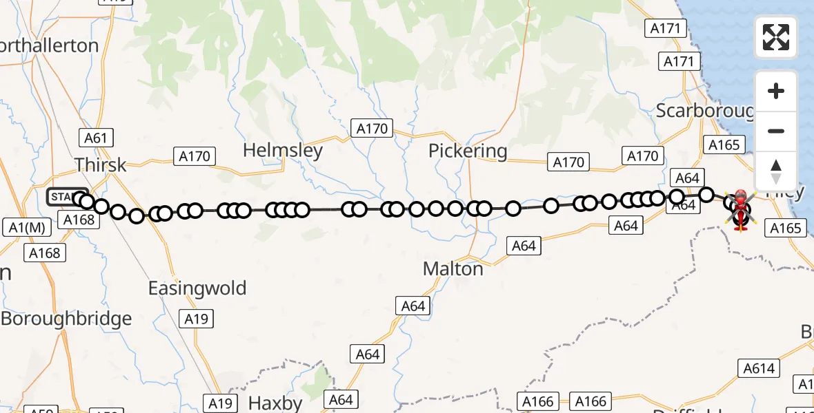 Flight route map: Air Ambulance Helicopter to Folkton, Folkton