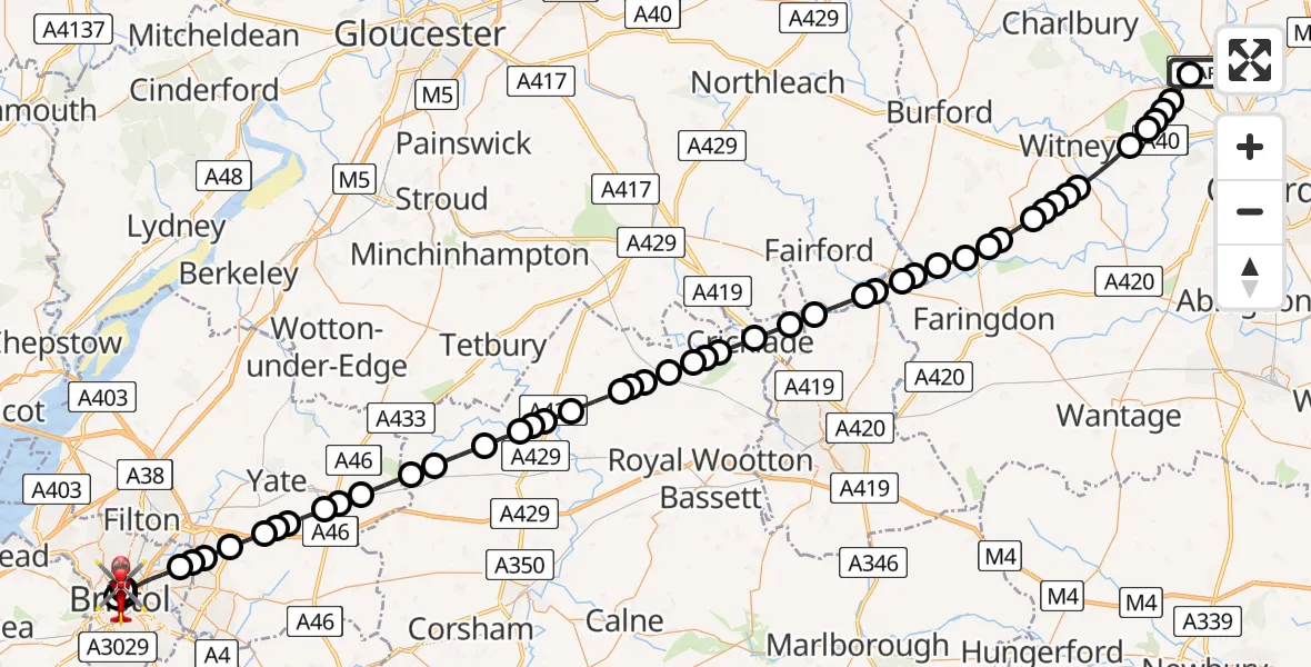 Flight route map: Air Ambulance Helicopter to Bristol Royal Infirmary, Bristol Royal Infirmary