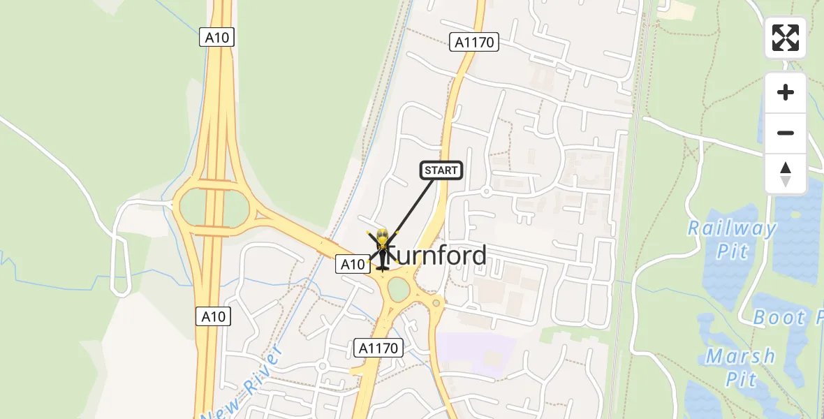 Routekaart van de vlucht: Police Helicopter to Turnford, The Oval