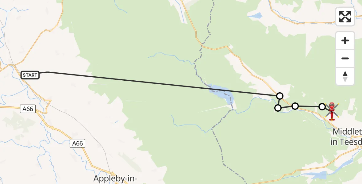 Flight route map: Air Ambulance Helicopter to Newbiggin, Miry Lane