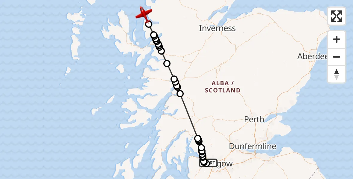 Flight path map showing Air Ambulance Aircraft route from Glasgow Airport to Inner Seas