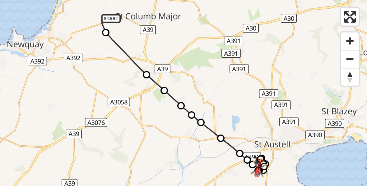 Routekaart van de vlucht: Air Ambulance Helicopter to Polgooth, Tregongeeves Lane