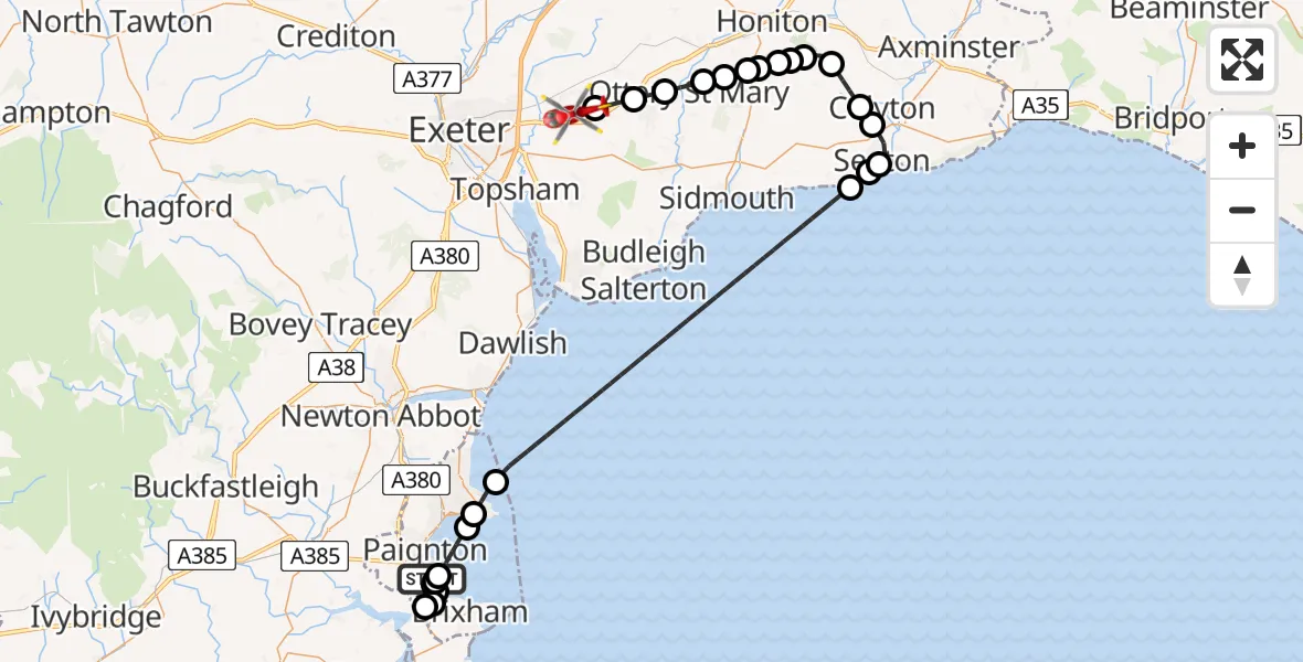 Flight route map: Air Ambulance Helicopter to Exeter International Airport, Exeter International Airport