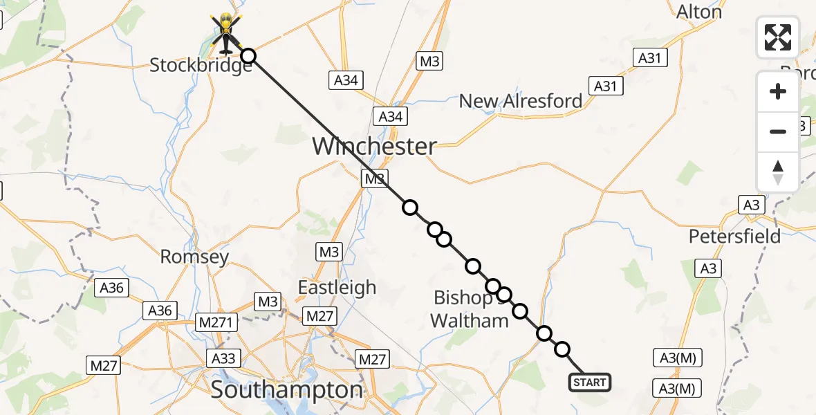 Flight route map: Police Helicopter to Test Valley, Leckford Lane