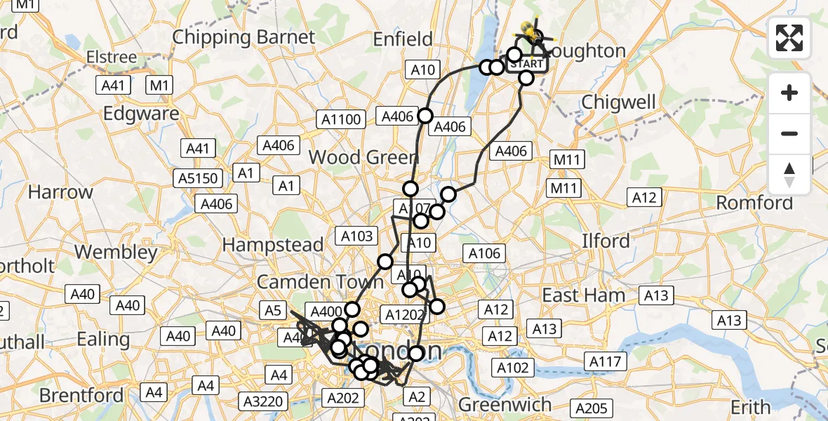 Flight path map showing Police Helicopter route from Sewardstonebury to Sewardstonebury