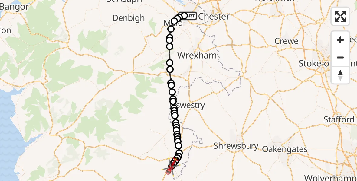 Flight route map: Air Ambulance Helicopter to Welshpool Airport, Welshpool Airport