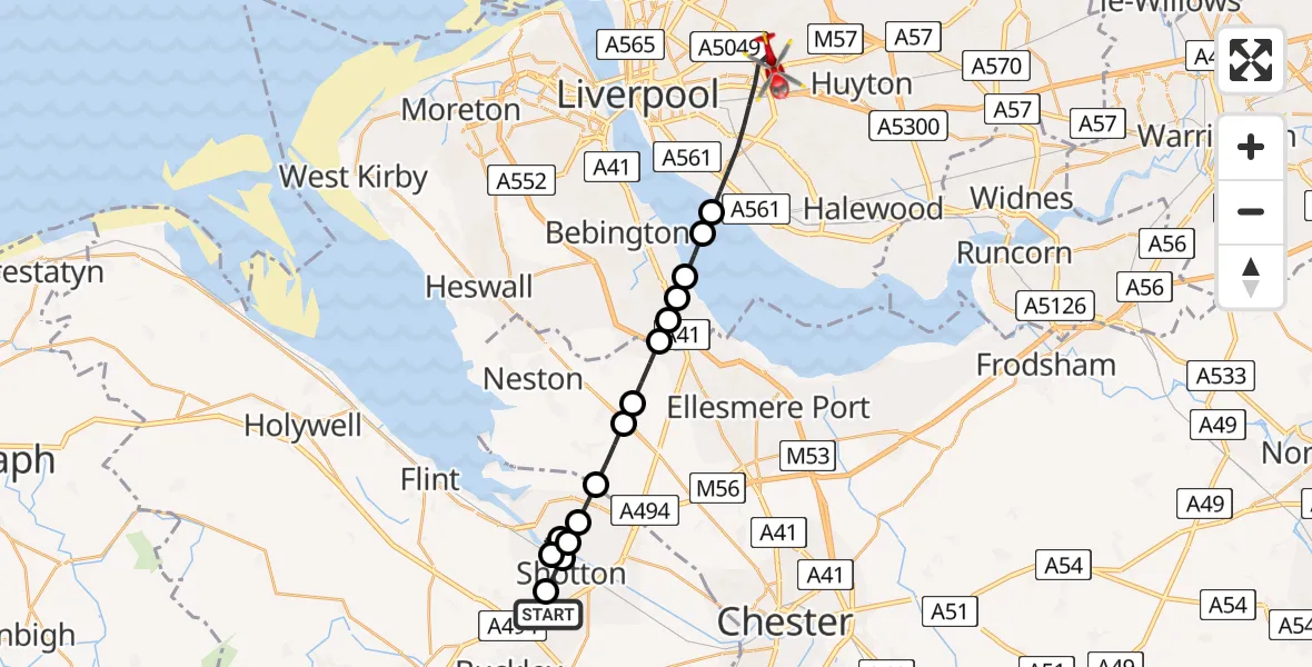 Routekaart van de vlucht: Air Ambulance Helicopter to Liverpool, Little Bongs