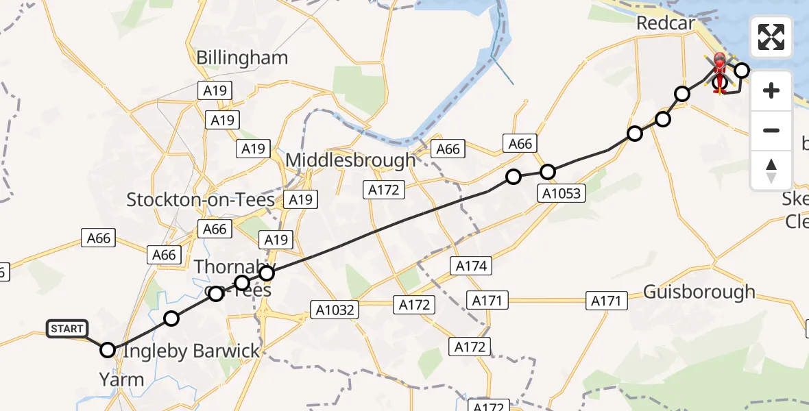 Flight route map: Air Ambulance Helicopter to Redcar, Green Lane