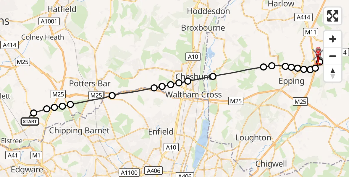 Routekaart van de vlucht: Air Ambulance Helicopter to North Weald Airfield, North Weald Airfield