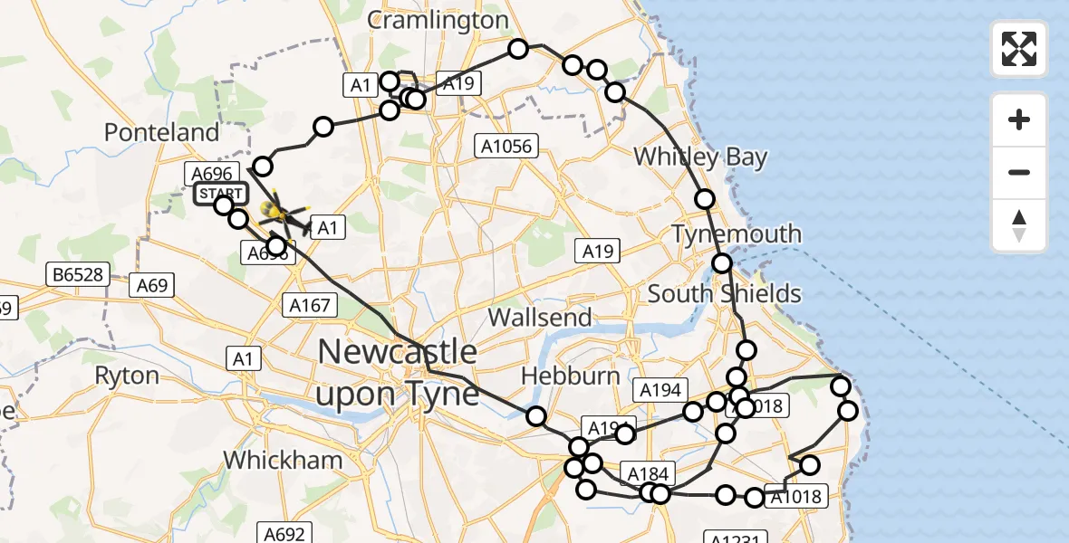 Flight route map: Police Helicopter to Newcastle upon Tyne, Eden Park Court