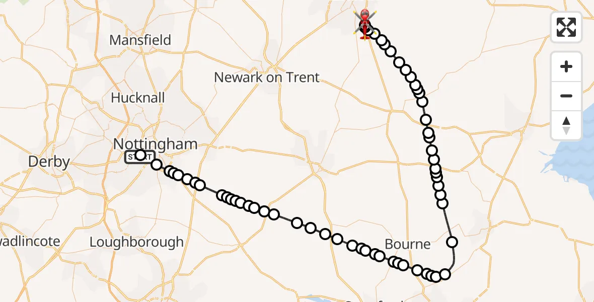 Flight route map: Air Ambulance Helicopter to North Kesteven, Sleaford Road