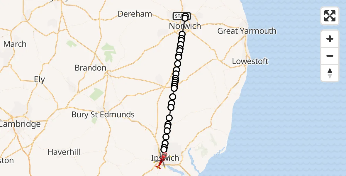 Flight route map: Air Ambulance Helicopter to Ipswich, Mallard Way