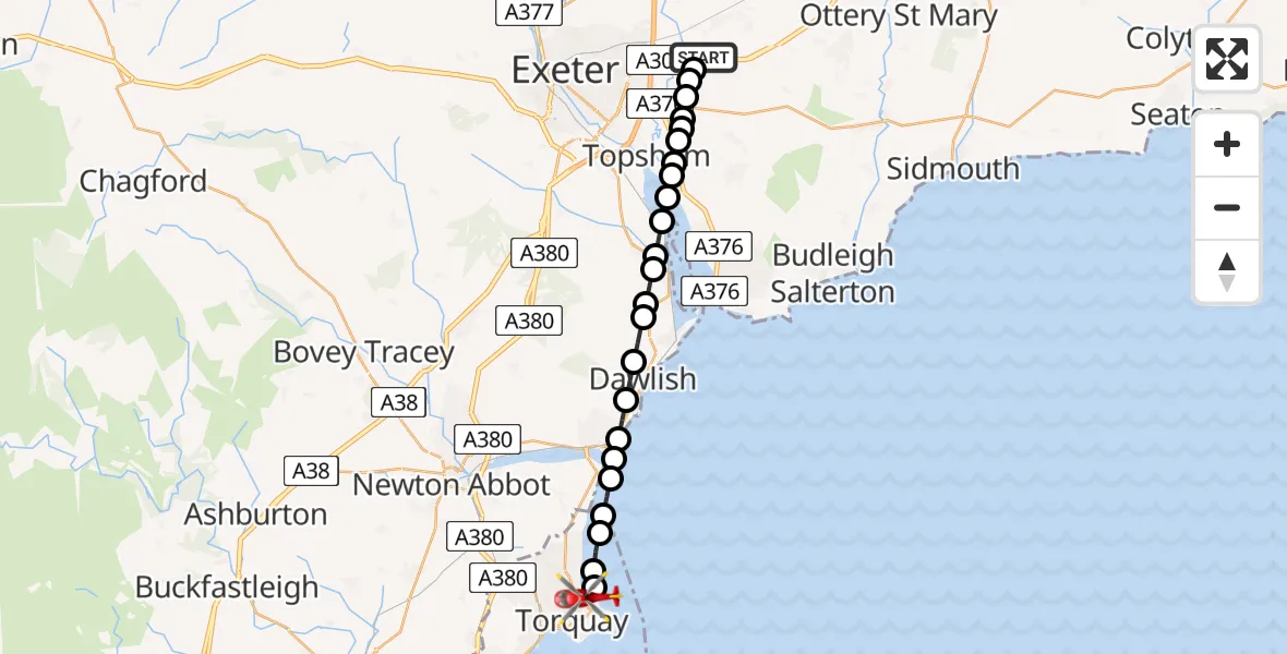 Flight route map: Air Ambulance Helicopter to Torquay, Babbacombe Road
