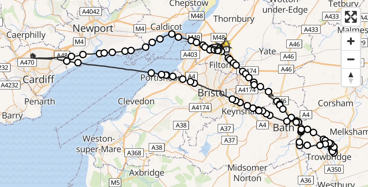 Flight route map: Police Helicopter to Almondsbury Helicopter Base, Almondsbury Helicopter Base