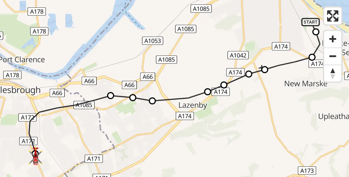Flight route map: Air Ambulance Helicopter to James Cook University Hospital, James Cook University Hospital
