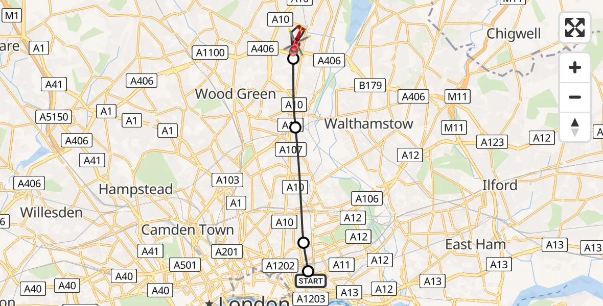 Flight route map: Air Ambulance Helicopter to London Borough of Enfield, Park Lane
