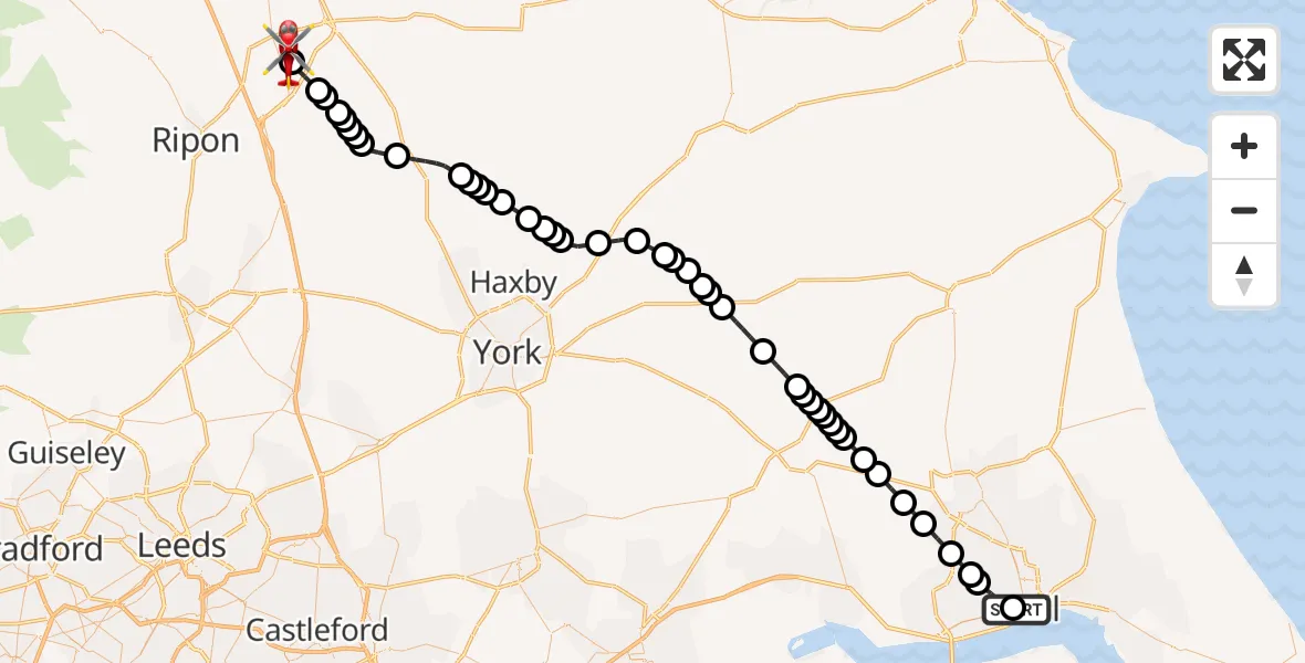 Flight route map: Air Ambulance Helicopter to RAF Topcliffe, RAF Topcliffe