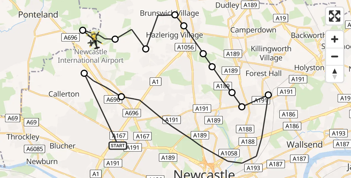 Flight route map: Police Helicopter to Newcastle International Airport, Newcastle International Airport