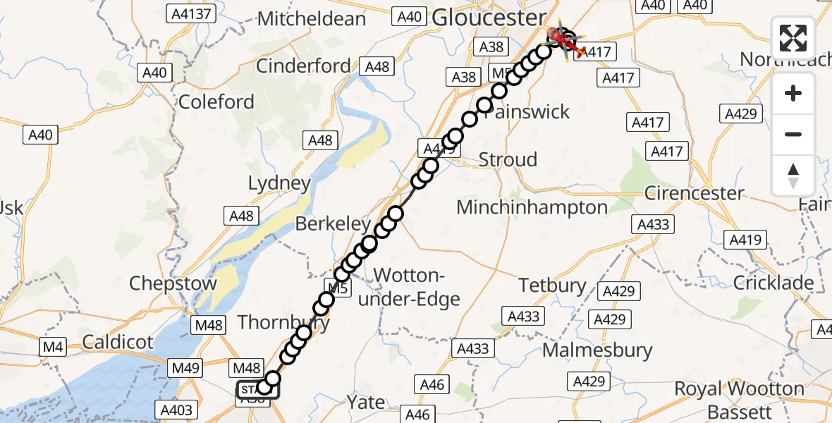Flight route map: Air Ambulance Helicopter to Witcombe, Pillcroft Close