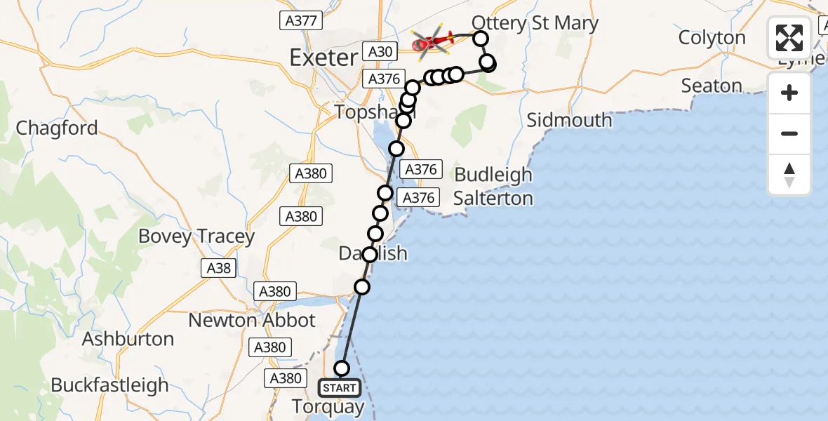 Flight route map: Air Ambulance Helicopter to Exeter International Airport, Exeter International Airport